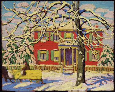 Red House and Yellow Sleigh, 1919 (oil on pulpboard)