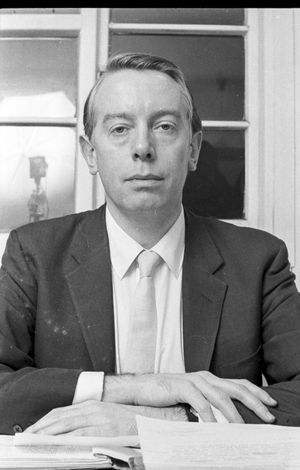 Ken Tynan, National Theatre Company offices at Old Vic, London, 1966 (b/w photo)