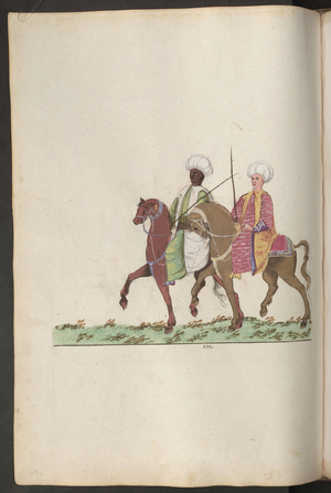 The serail of the sultana: one black and one white eunuch on horseback