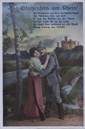 Stolzenfels Castle on the River Rhine, German military themed postcard (colour litho)
