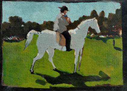 White horse with jockey (oil on paper on board)