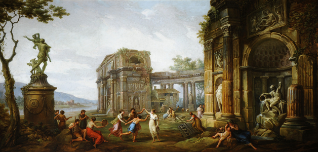 Capriccio of Figures dancing amongst Classical Ruins, with a Statue of the Rape of Proserpine