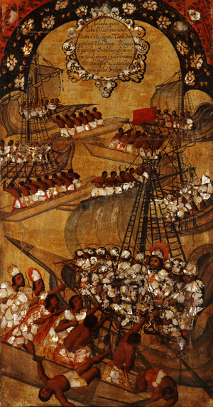 The Conquest of Mexico, Panel XXII, c.1696-1715 (paint on wood)