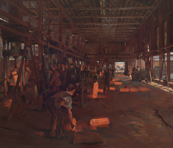 A Shell Forge at a National Projectile Factory, Hackney Marshes, London, 1918 (oil on canvas)
