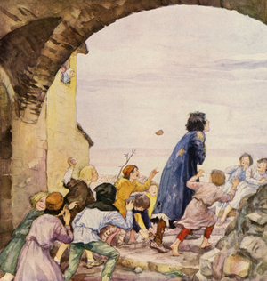 St Francis taunted by children (colour litho)