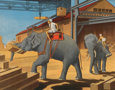 Elephants piling Teak up in Burma (colour litho)