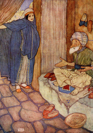 Mustapha doubted much of his ability to refrain from questions, illustration from 'Ali Baba and the Forty Thieves', 1938 (colour litho)