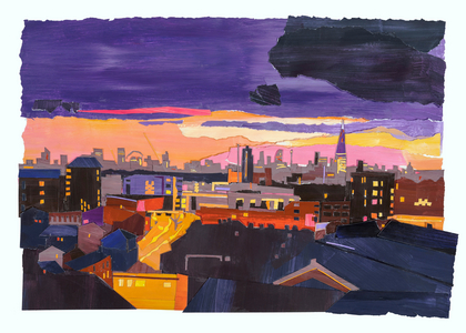 Rooftops over London, 2022 (acrylic and collage on paper)