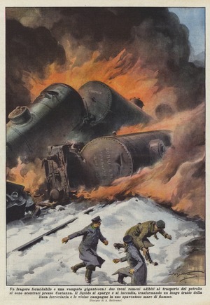 A formidable noise and a gigantic flush, two Romanian trains used to transport  (colour litho)