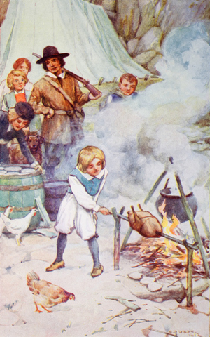 Illustration by A.A. Dixon from an edition dating circa 1915 of The Swiss Family Robinson by M. Weiss published by Blackie and Son Limited. The open-air kitchen. Franz cooking a chicken over an open fire while the rest of the family look on.