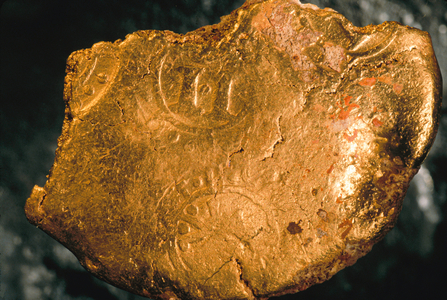 Precious cargo from the 16th and 17th centuries found in shipwrecks near Cuban waters.  They come in dazzling array of shapes, and sizes in 22 karat gold. This is a piece of gold with an assayers tax stamp Courtesy of office of the Historian of the City o