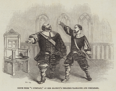 Scene from "I Puritani," at Her Majesty's Theatre, Lablache and Fornasari (engraving)