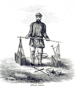 An engraving depicting a Chinese Jack-of-all-Trades. These itinerant workmen would carry out all manner of small jobs from mending porcelain to soldering pipes. The equipment they carried included a forge, an anvil, fuel and drill, 19th century