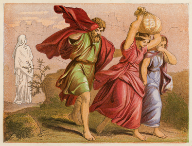 Lot's escape from Sodom (colour litho)