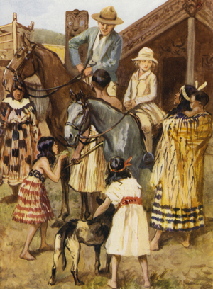 Visitors at a Model Maori (Mow-ree) Village (colour litho)