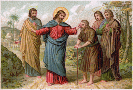 Religion. New Testament. Jesus Christ heals the blind man. Imagery, France, c.1890 (print)