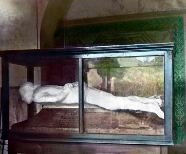 A mummy, excavated at Algeria, is displayed at the museum of Algiers, the capital, c.1920