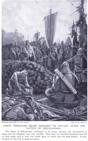 Forty thousand heads brought to Iyeyash after the Battle of Seki-Ga-Hara (litho)