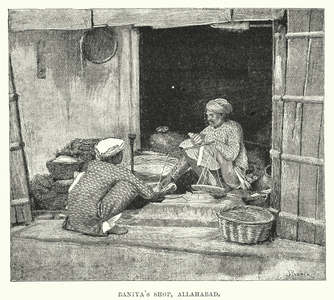 India: Baniya's Shop, Allahabad (engraving)
