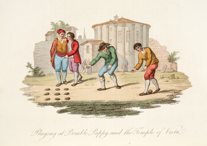 Playing at Bomble Puppy and theTemple of Vest, from Italian Scenery, representing the Manners, Customs and Amusements of the different States of Italy, pub. 1806 (hand coloured engraving)