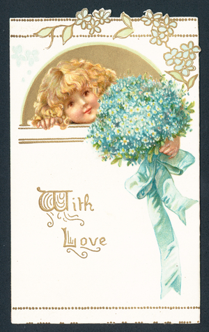 Girl Holding Bouquet, Christmas Card (chromolitho)