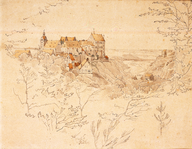 Colditz Castle, Saxony (pen & ink, pencil and watercolour on paper)