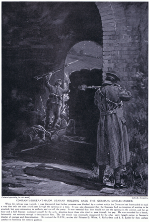 Company Sergeant Major Seaman won a DCM for the single handed holding back of a German attack February 1915  (litho)