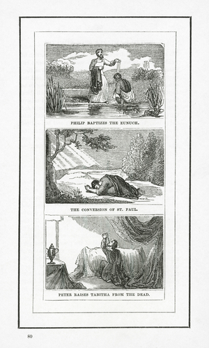 Philip Baptizes The Eunuch; The Conversion Of St Paul; Peter Raises Tabitha From The Dead (engraving)