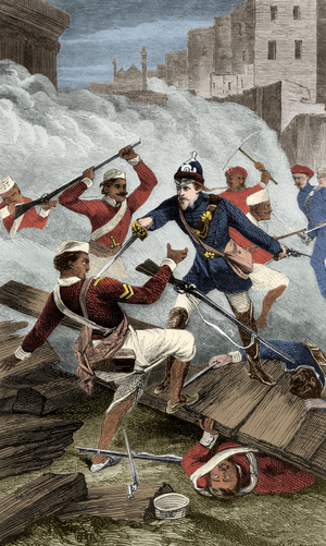lieutenant William Alexander Kerr (1832-1919) earning the Victoria Cross, at time of the mutinery, Cipayes revolt considered as the first movement for independance, is a period of rebellion in centre and north of India against english domination in 1857-1858, engraving colourized document