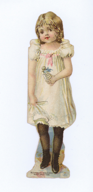 Girl carrying bottle (of perfume?) (chromolitho)