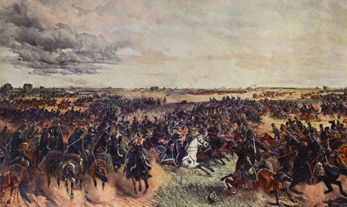 Napoleonic troops battling with the Don Cossacks (colour litho)