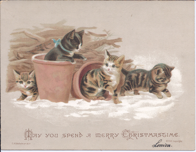 A Victorian Christmas card of kittens playing in terracoota pots, c.1880 (colour litho)