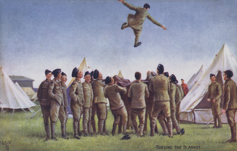 A game of tossing the blanket at an army camp (colour litho)