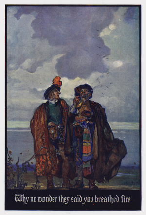 Illustration for Westward Ho! by Charles Kingsley: Why no wonder they said you breathed fire (colour litho)