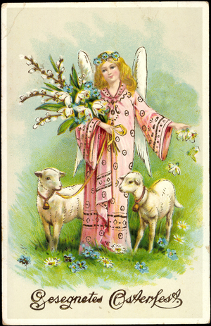 Congratulations Easter, angel with willow branch, lambs