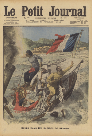 Drowned in the rapids of the River Mekong (colour litho)