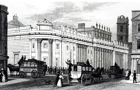 An engraving depicting horse buses by the Bank of England, 19th century
