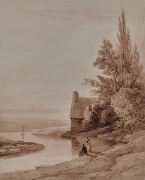 Waterscape with figures and a small boat, 1810-65 (Watercolour)