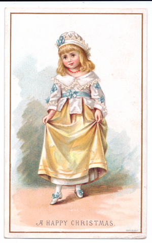 A Victorian Christmas card of a girl dressed in costume holding her gold skirt, c.1880 (colour litho)