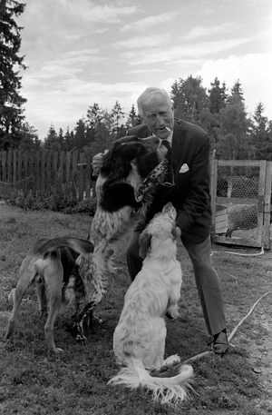 Asker 19730712 Anders Lange, with dogs, at home. He ran a kennel, and published the magazine  …, 1973 (photo)