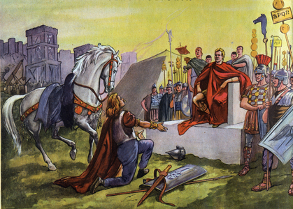 History. Ancient Rome. Vercingetorix (chieftain of a Gaulish tribe: the Averni). Illustration in: Belles Images d'Histoire (History Schoolbook), by H. Geron, France, c.1948 (print)