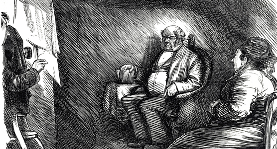 Cartoon depicting a gentleman having his photograph taken in a photographer's studio, 19th century
