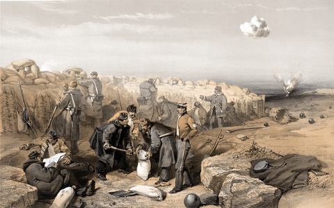 Crimean War 1853-1856: Filling sandbags in British advanced position to build up protective defences. Gabions, wicker baskets filled with earth, used. From 'Illustrations of the War in the East', 1856. Russia France Turkey Britain 