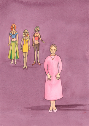 The Lord invites women to dress in a modest way, as suggested in the Holy Scriptures, and so help foster chastity in themselves and in others, 2004 (w/c on paper)
