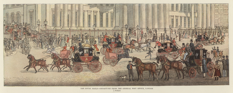 The Royal Mails - Departure from the General Post Office, London (colour litho)