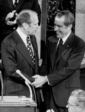 President Richard Nixon Congratulates The New Vice-President Gerald Ford Following The Swearing in Ceremony Before A Joint Session of Congres December 06, 1973 (b/w photo)