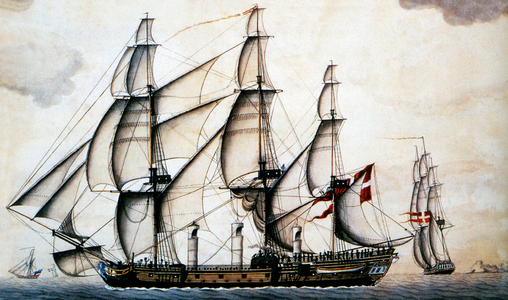 Denmark: The Danish slave ship Fredensborg with three funnels to carry air to the slave holds, c. 1760