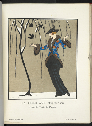 "La Belle aux Moineaux - Robe de Visite de Paquin."
La robe de visite de Paquin est en drap de soie noir. La jaquette en natté de soie jaspé de métal et rebrodé de roses d'Ispaban est bordée de skungs.