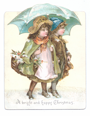 A Victorian Christmas card of two girls with baskets on their arms under an umbrella, c.1880 (colour litho)