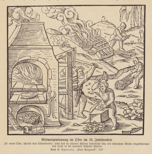Extraction of bismuth in a furnace, 16th Century (woodcut)